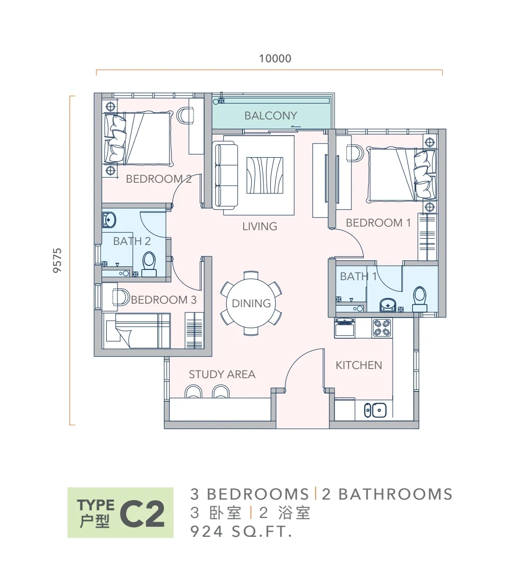 Type C2 户型平面图 · 924 ft²